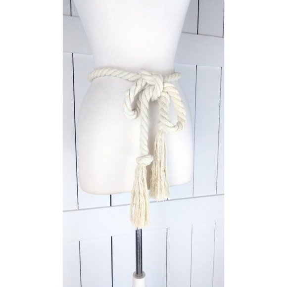 Ivory long woven braided rope knotted fringe tassel tie belt